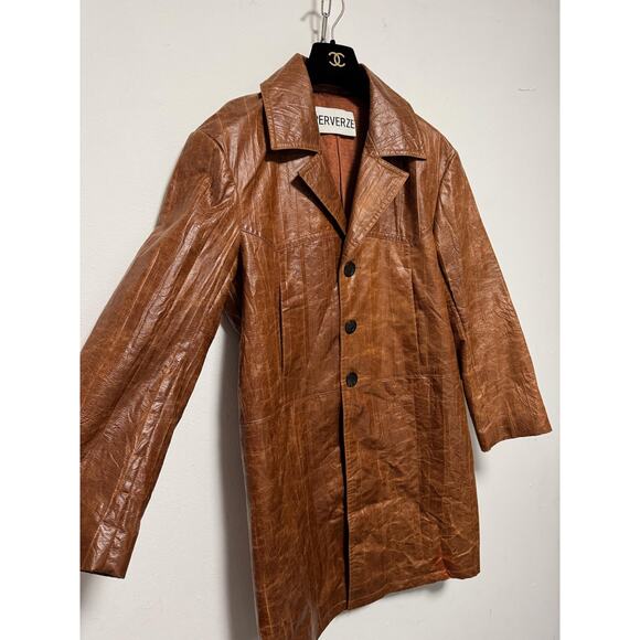 Perverze Jacket Womens Medium Brown Faux Leather Long Coat Button Up Retro Look - Picture 4 of 16